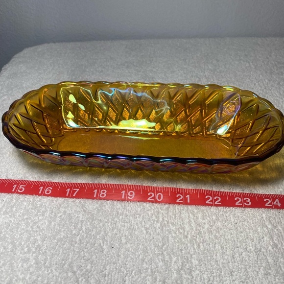 Vintage Indiana Glass Amber Carnival Celery Bread Dish Bowl Basket Weave - Picture 5 of 8